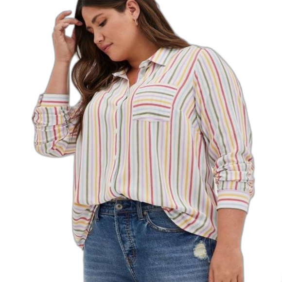 Torrid Women's Lizzie Rayon Crepe Button Down Long Sleeve Striped Shirt - Picture 1 of 7